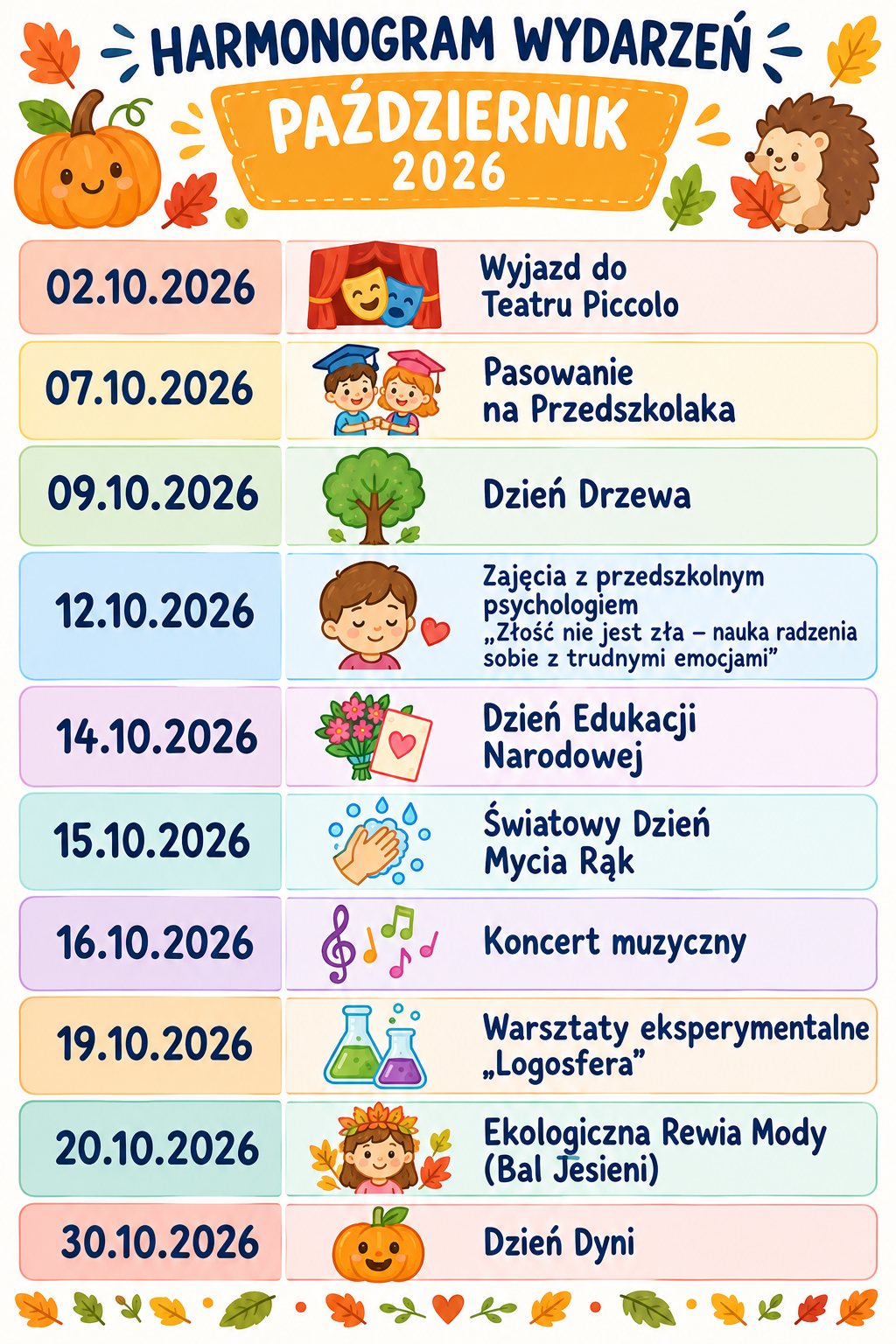 harmonogram na miesiąc październik 2026